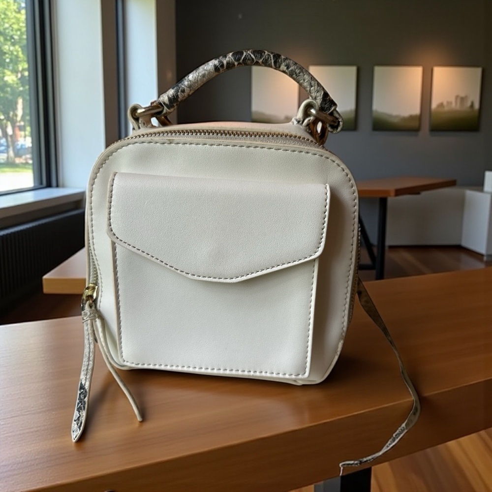 Free People 3-Way Convertible Mini Backpack Crossbody Cream Snakeskin Trim - Picture 2 of 6